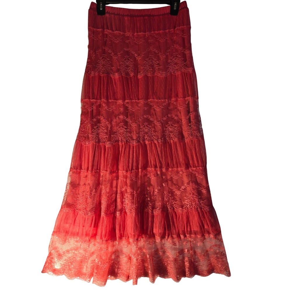 Lapis Womens Coral Orange Lace Tiered Maxi Skirt Boho Mesh Pleated Size M